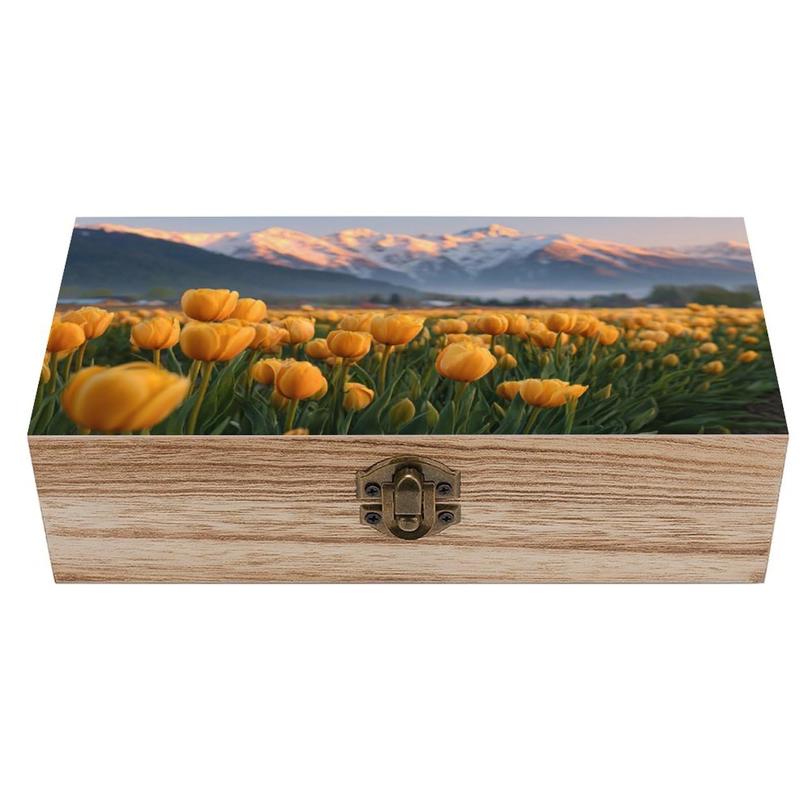 asbwuo Beautiful Field of Yellow Tulips Wooden Storage Box with Hinged Lid