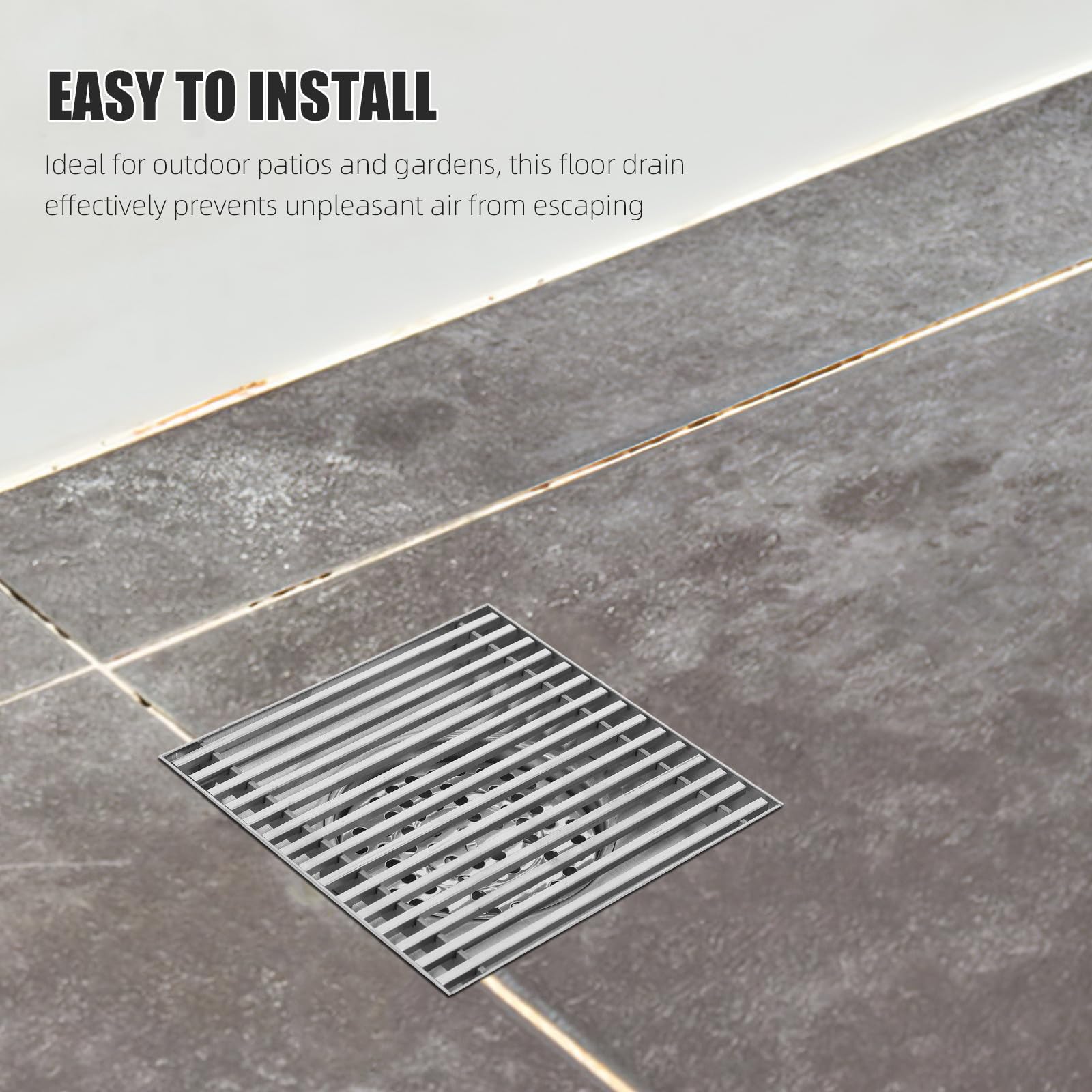Rejilla Cuadrada de Drenaje en Acero Inoxidable 304 para Patio | Gran Diámetro, Acabado Plata, Diseño Antiobstrucción, Uso Exterior en Jardines y Patios