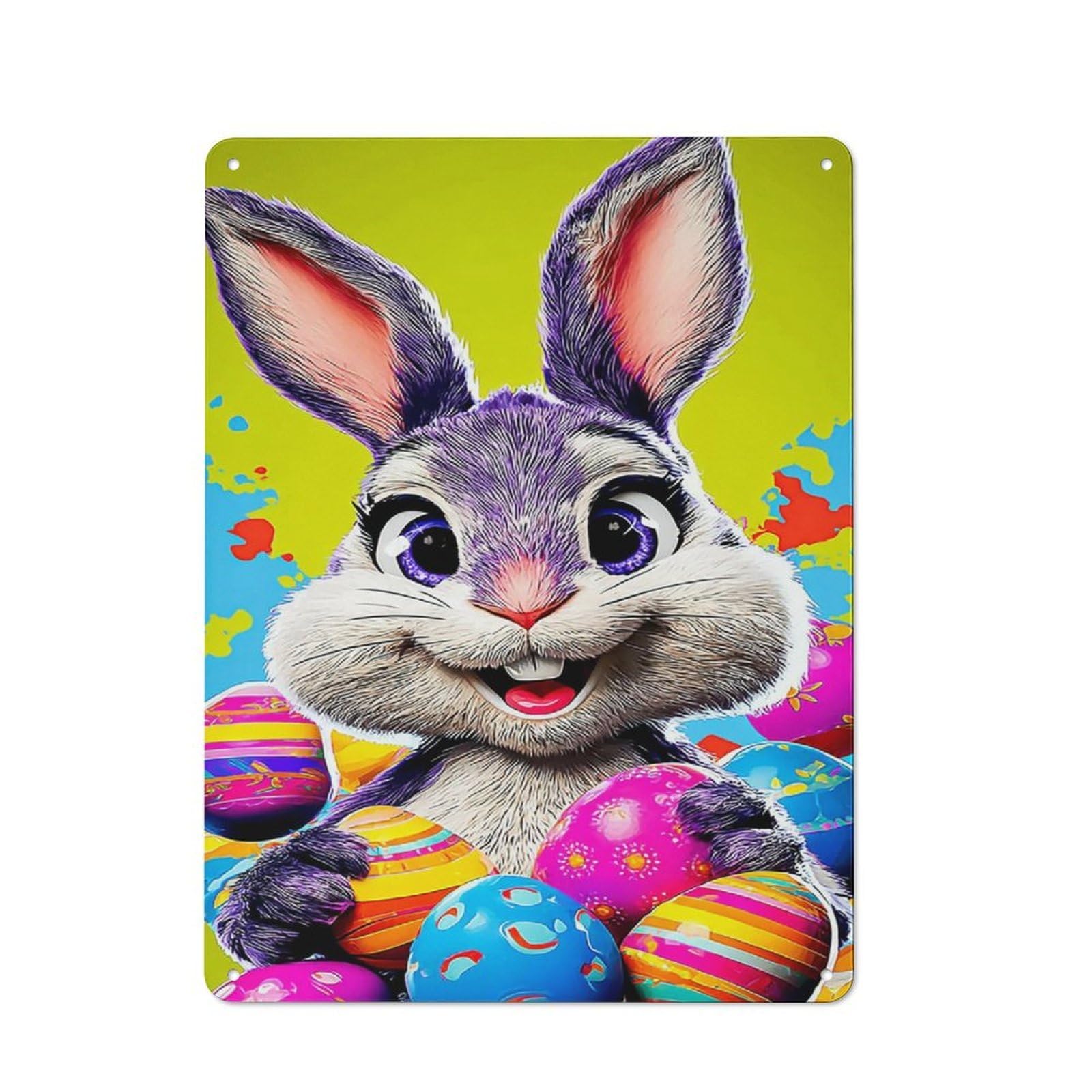 Junmoney Colorful Easter Bunny With Eggs -1 Metal Wall Sign 40X30cm, Retro Decor For Pub Or Café, For Vintage Wall Decor Fans, For Garage And Workshop Walls