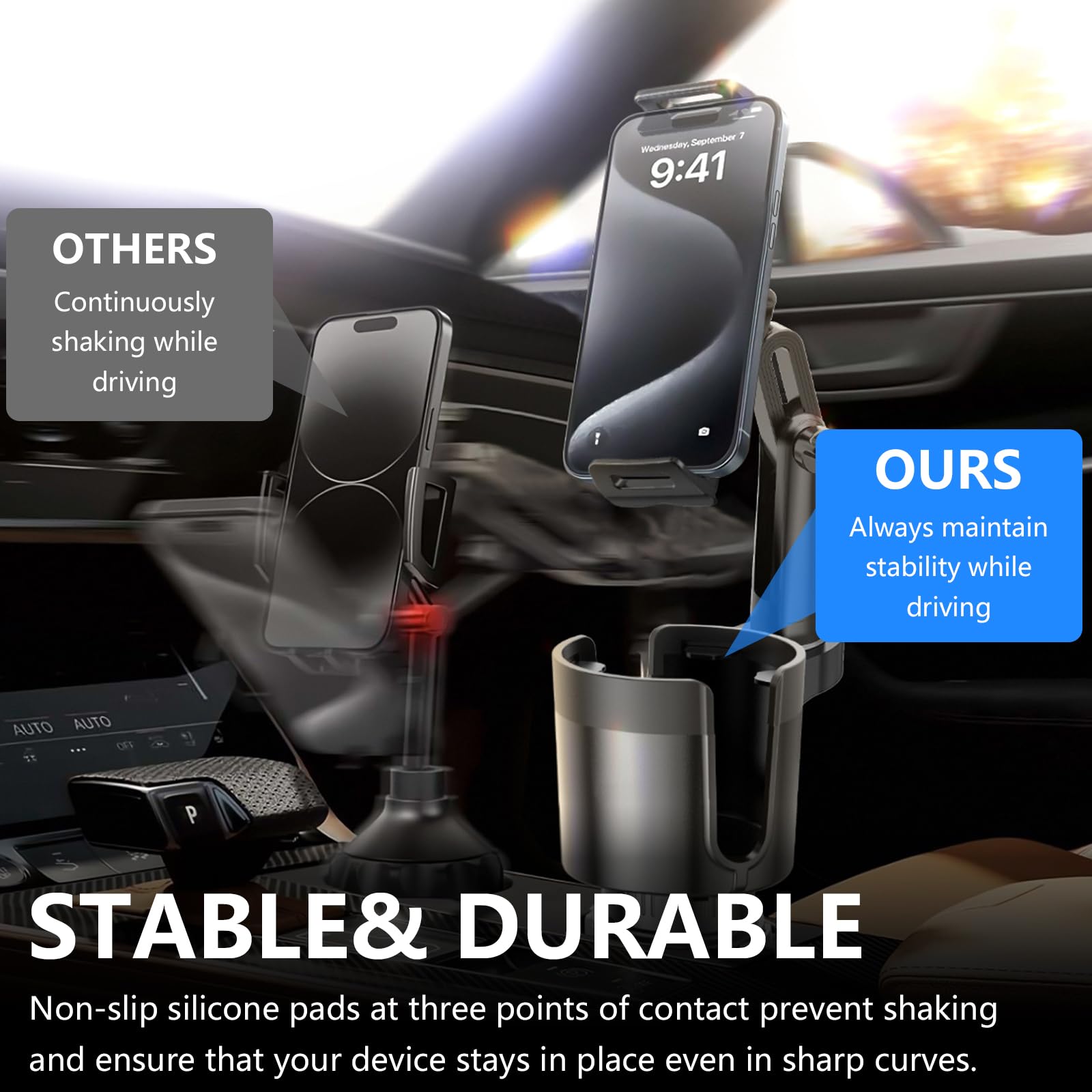 2 in 1 Supporto Tablet Portabicchieri per Auto, Porta Telefono Auto con Braccio Lungo Regolabile, Supporto per Telefono Girevole a 360° Compatibile con Tablet e Smartphone da 6 a 13 Pollici