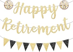 Happy Retirement Banner Gold Black Glitter Retirement Sign Bunting Retirements Party Decorations Glitter Paper Pennant Banner Office Farewell Party Supplies and Gifts for Coworker, Men Women