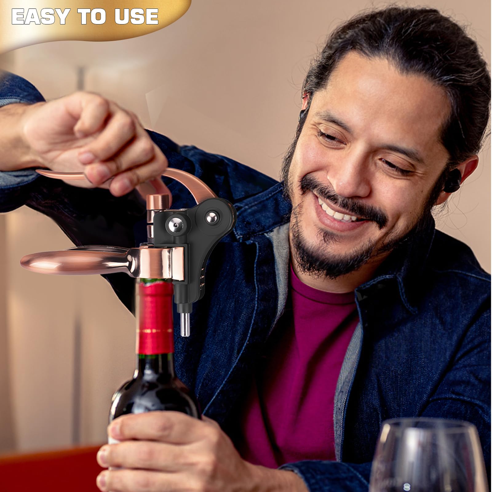 Set di cavatappi da Vino con Scatola in Legno Antico, Set da Sommelier con cavatappi, Set di Accessori da Vino, Set di cavatappi con Testa di Coniglio, Anelli salvagoccia (BambooWood)