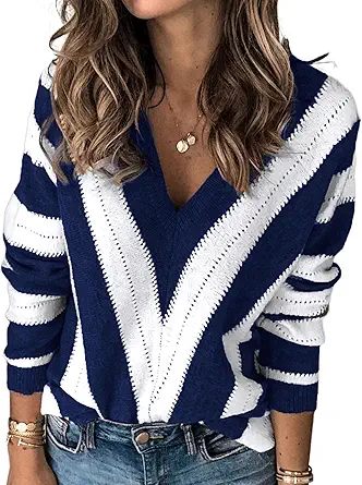 PRETTYGARDEN Sweaters for Women 2025 Long Sleeve Striped Knitted V Neck Pullover Jumper Tops Fall Outfits Fashion Clothing