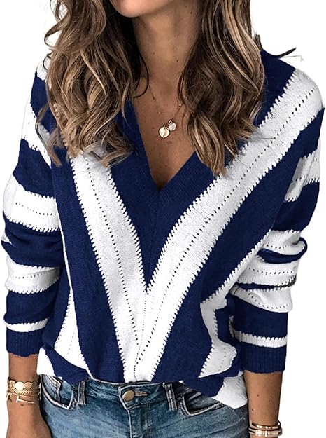 PRETTYGARDEN Sweaters for Women 2025 Long Sleeve Striped Knitted V Neck Pullover Jumper Tops Fall Outfits Fashion Clothing