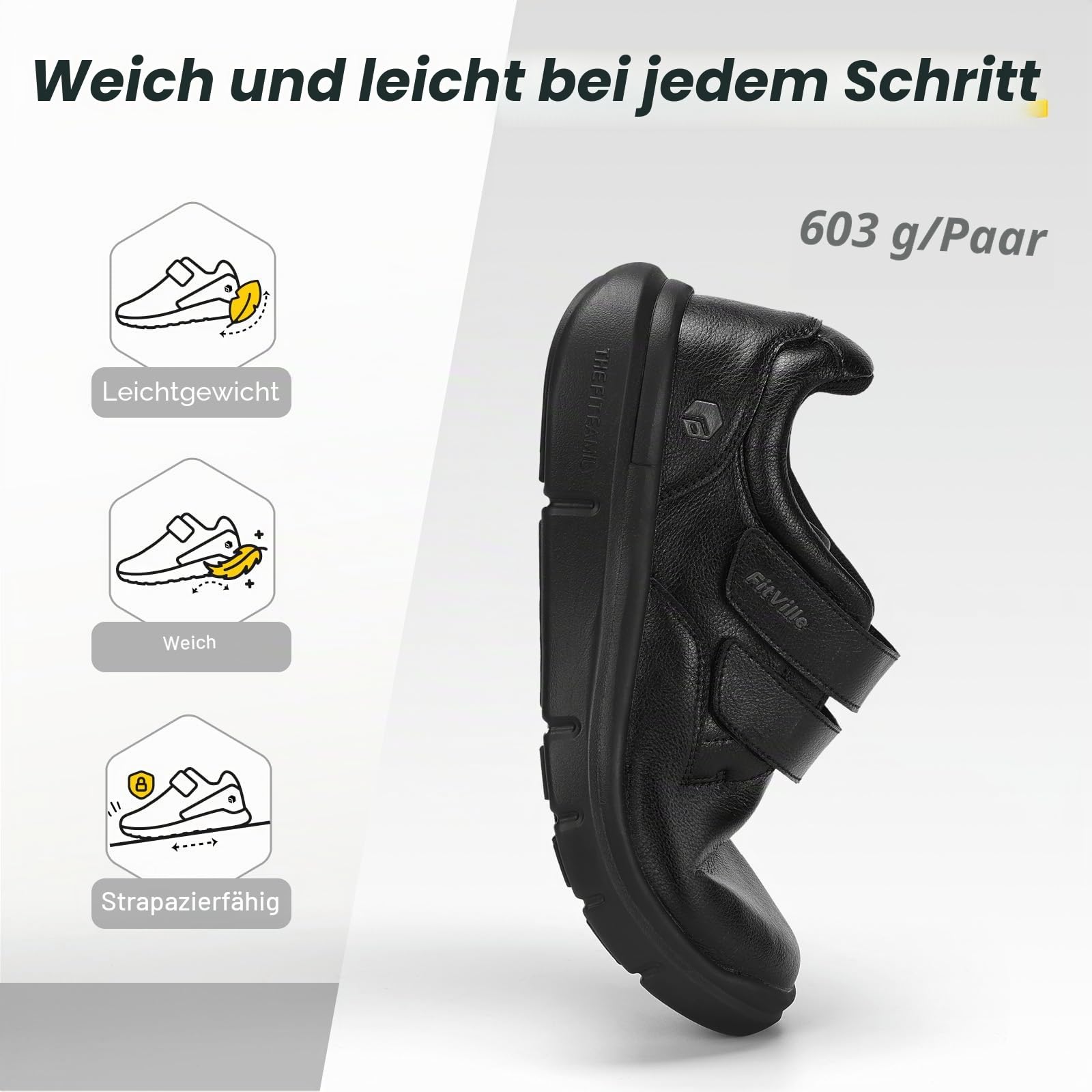 FitVille Leder Schuhe Herren Extra Weit Business Casual Walkingschuhe mit Klettverschluss Sneaker Bequeme Freizeitschuhe Lässige Hausschuhe