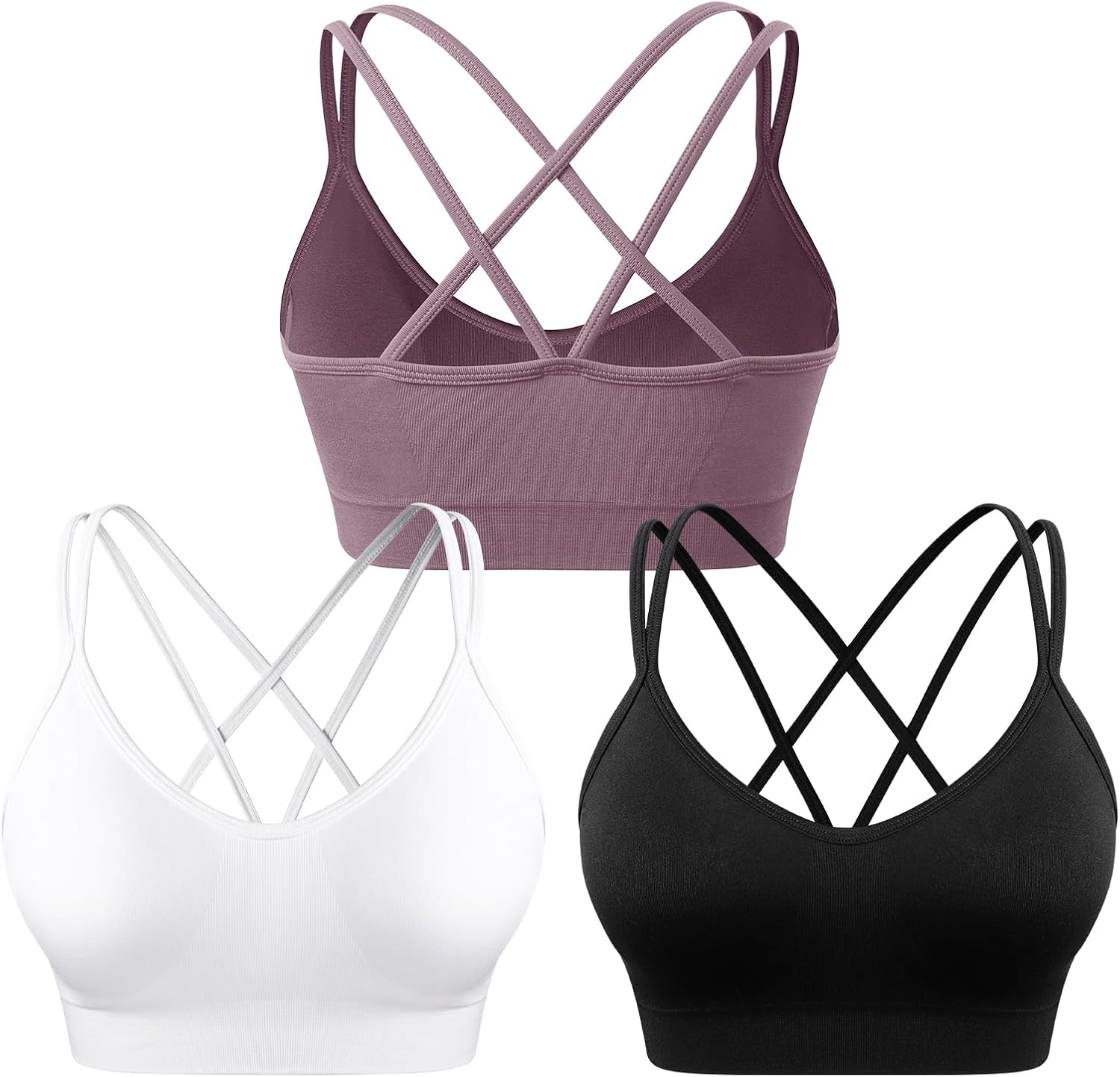 WANAYOU Sports Bras for Women, Strappy Cross Back Medium Support Sports Bra Padded Workout Bra for Athletic Exercise 3 Pack