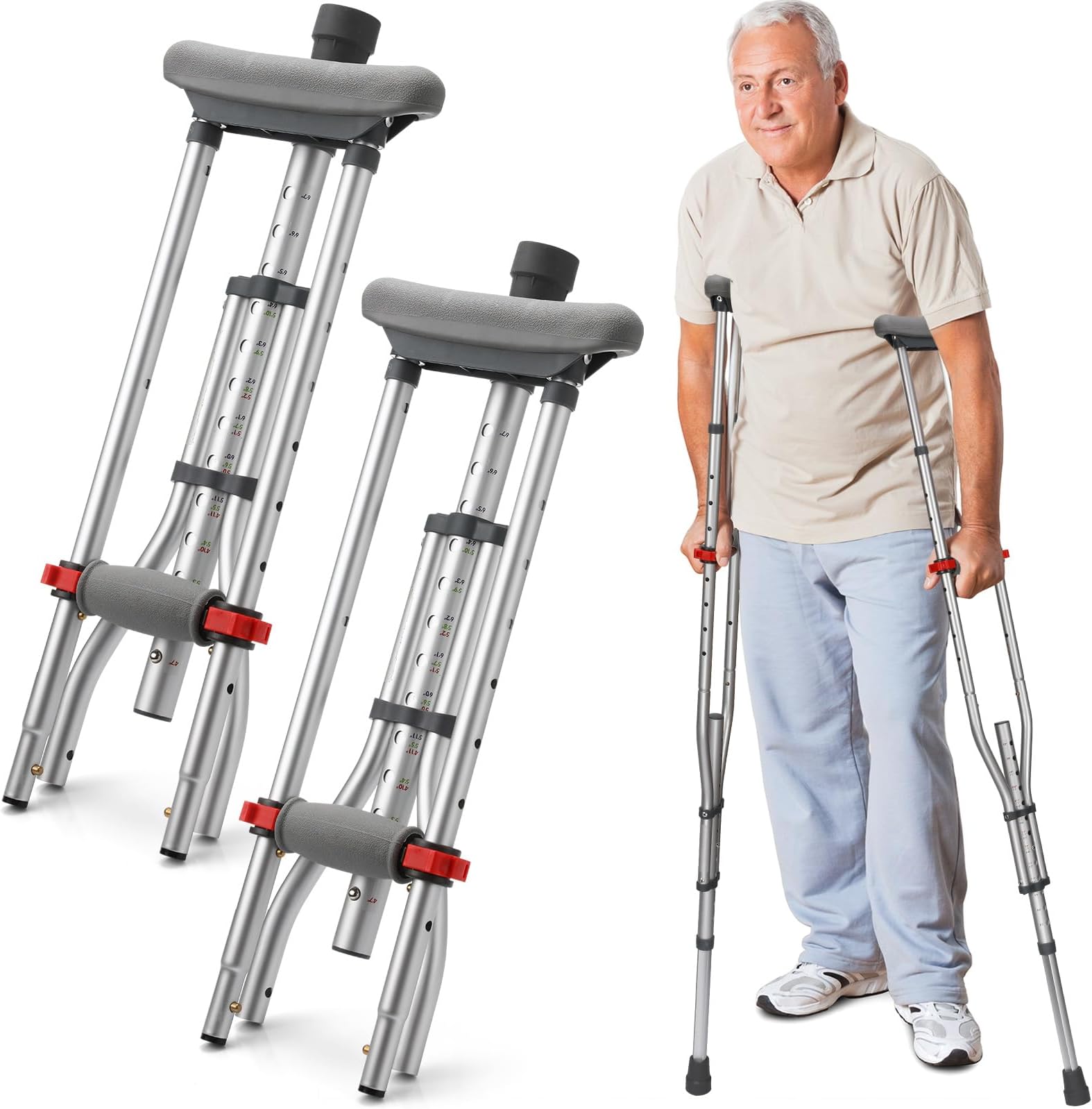 1 Pair Folding Lightweight Underarm Crutches with Height Adjustment up to 300 Lbs Aluminum Walking Aid for Adults Elder Range 4'6”– 6'6” with Underarm Pad and Hand Grip