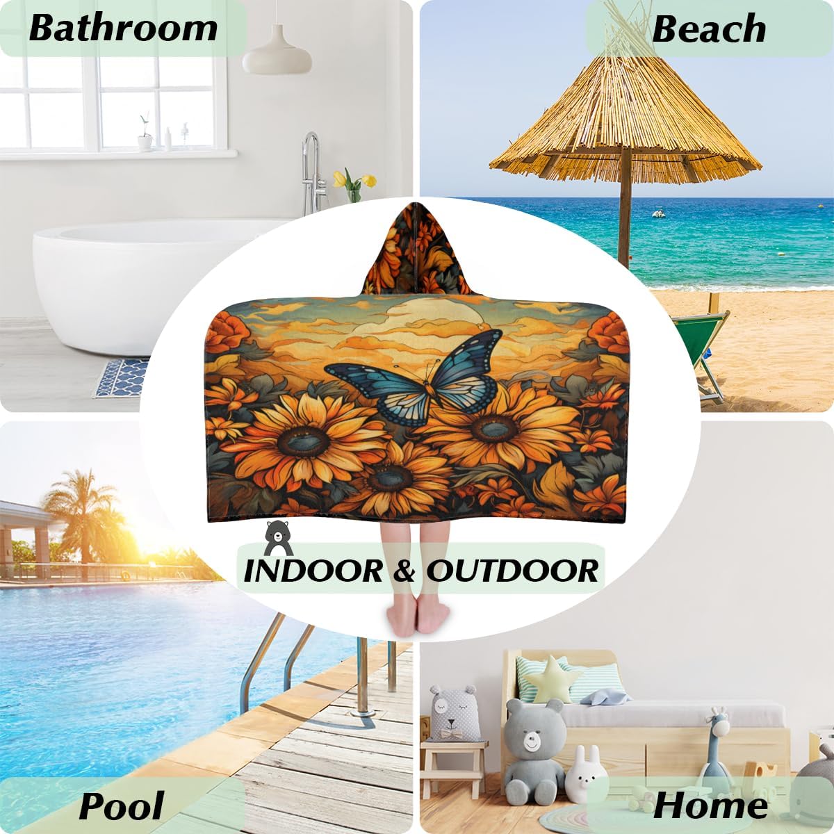 Pardick Kids Bath Towel Wild Sunflower Butterfly Beach Towel with Hood Pool Cover Up for Girls Boys Soft Absorbent Hooded Bath Towel Toddler Towels for Beach, Pool