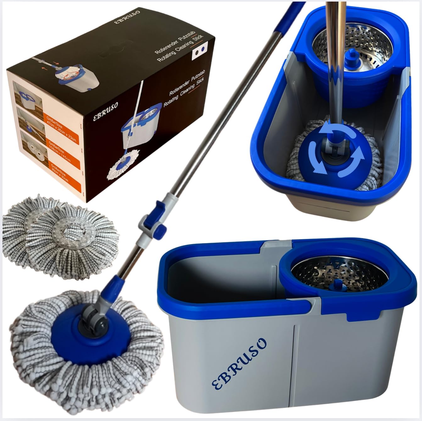 Putzeimer Set – Putzset mit höhenverstellbarem, rotierendem Edelstahl-Stiel (bis 149 cm), 30L Putzeimer & 2 Putzlappen (Ø 30 cm Mop) – Wischmopp Set für Laminat, Fliesen & Parkett (Blau)