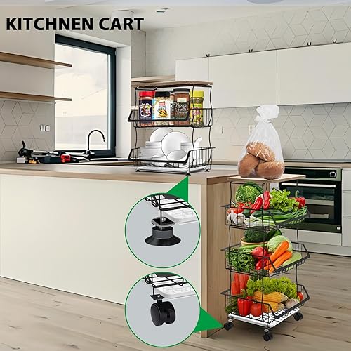 Miniatura 3 de Carrito de cocina con ruedas y parte superior de madera, organizador de cesta de alambre de 4 niveles para frutas, verduras, despensa, apilable,