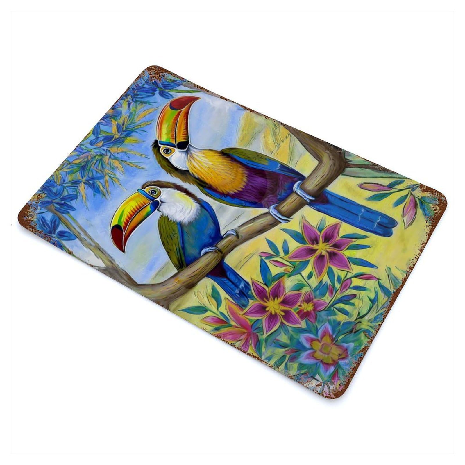 Toucans on A Floral Tree 11.8"x7.9" Rust Effect Tin Sign, Vintage Wall Decor for Farmhouse, Kitchen And Entryway Decor