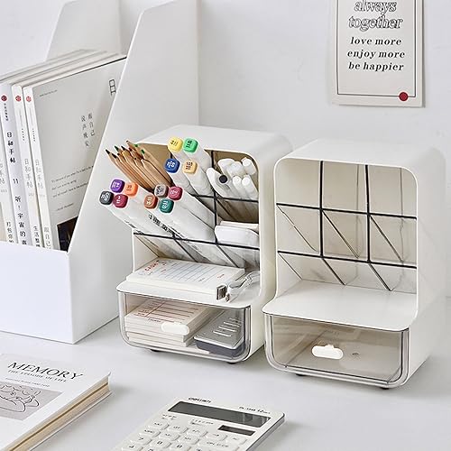 Miniatura 3 de Organizador de bolígrafos para escritorio, organizador de escritorio con cajón, soporte multifuncional para lápices con 6 compartimentos y 1 cajón,
