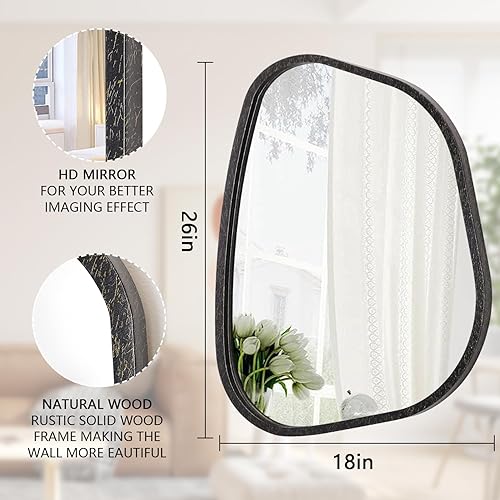 Miniatura 113 de Espejo de pared irregular de 26 x 18 pulgadas, espejo de baño grande asimétrico con marco de madera, espejos decorativos artísticos modernos