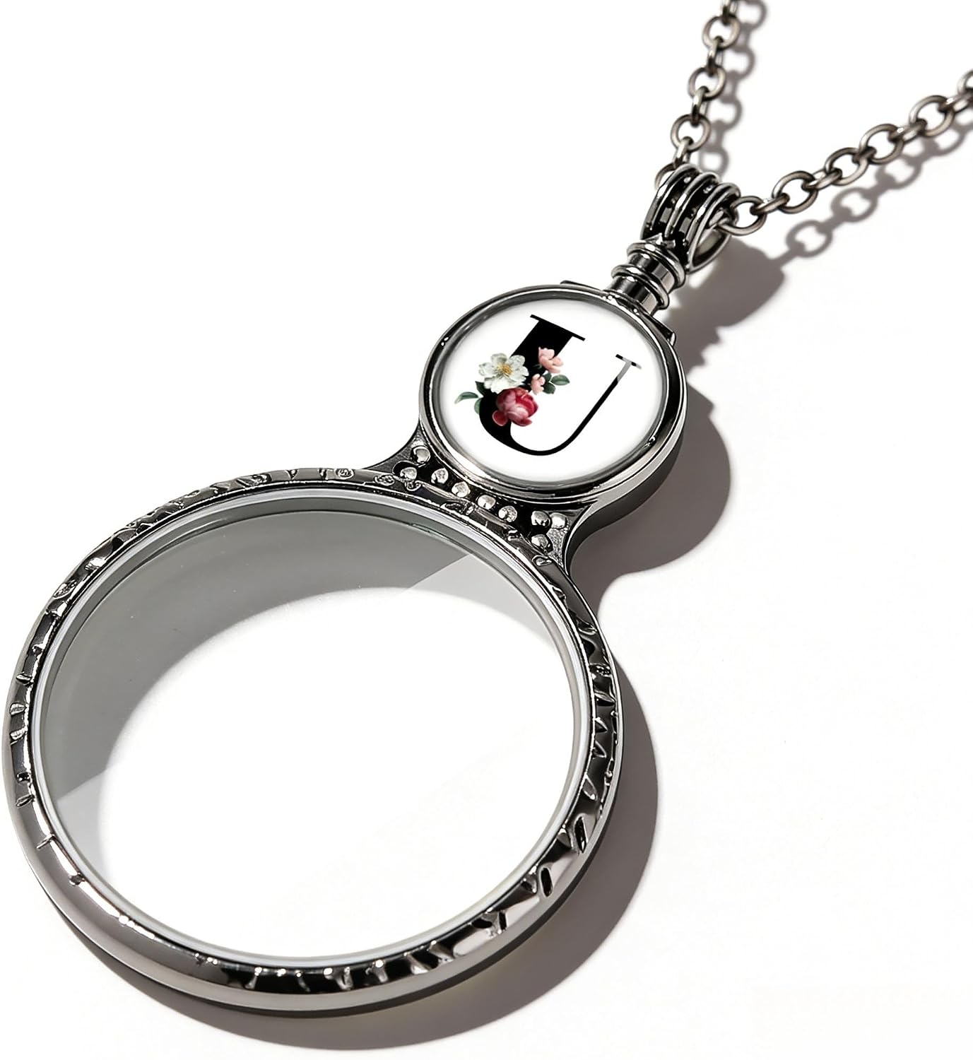 Handmade Personalized Initial Magnifying Glass Necklace, 10X Magnifier Monocle Pendant with Floral Monogram Letter (A-Z) for Reading Seniors Jewelry Lovers Magnifier Lens (C)