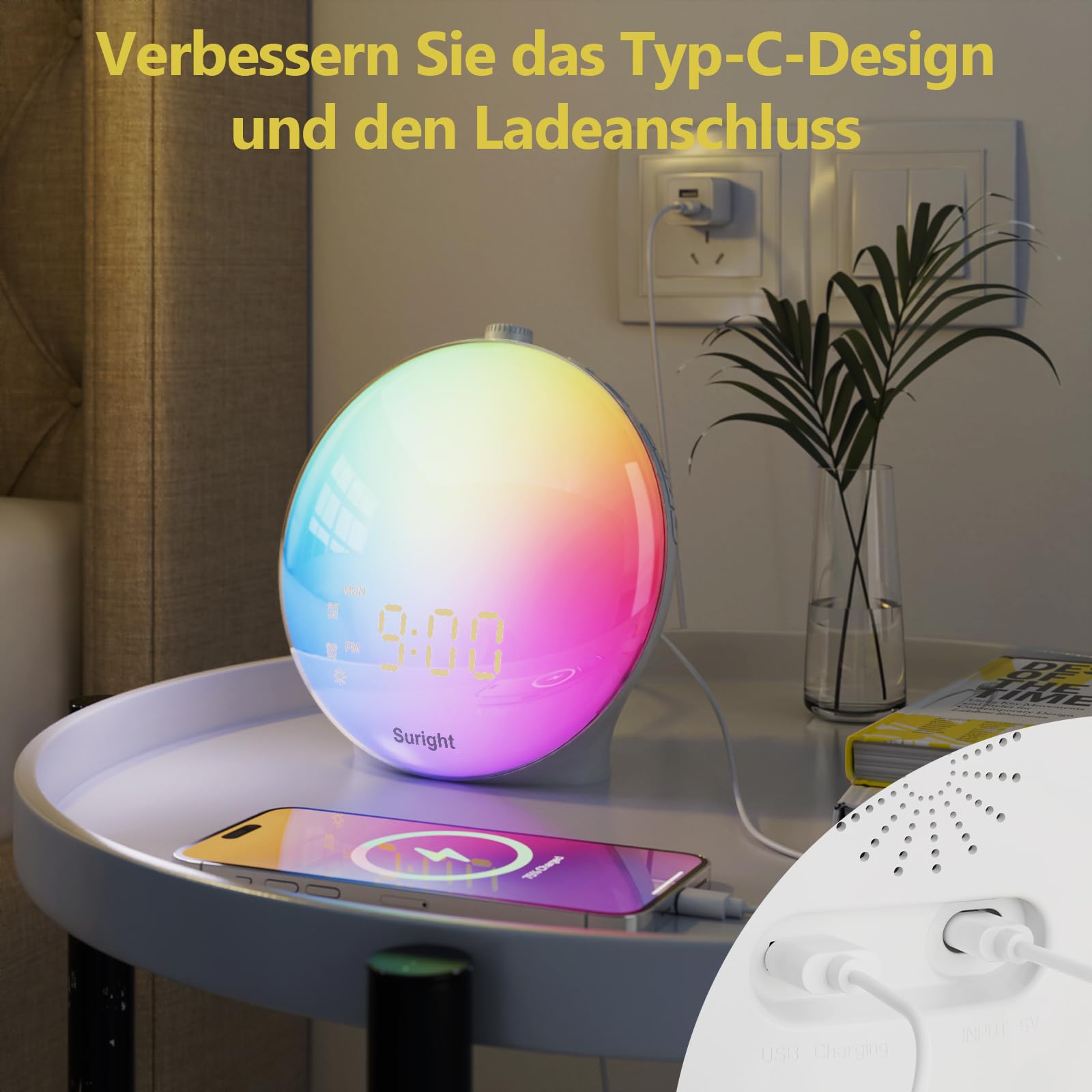 Suright Lichtwecker Tageslichtwecker, Wake Up Licht Wecker, Sonnenaufgang Sonnenuntergang Simulation Wecker Radio 15 Naturgeräusche 2 Alarmen Snooze 18 Farblicht 20 Helligkeit Nachttischlampe