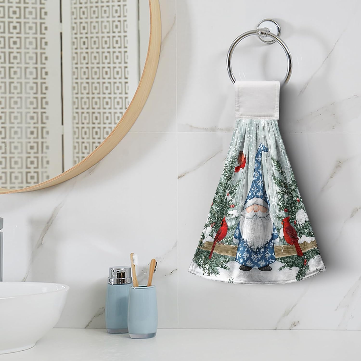 Winter Gnome Kitchen Hanging Towels Set of 2 Xmas Snowflake Pine Tree Cardinal Hand Towels with Hanging Loops Tea Bar Dish Cloths Dry Towel Soft Absorbent Bath Tie Towel for Bathroom - Image 2