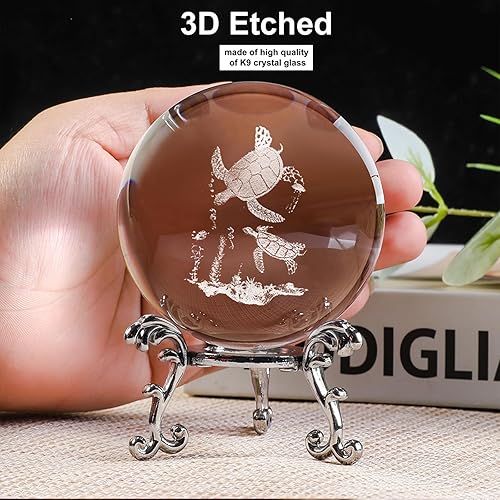 Miniatura 2 de Pisapapeles de bola decorativa de cristal 3D con soporte gratuito, esfera de grabado artística de vidrio para exhibición y decoración (tortuga de