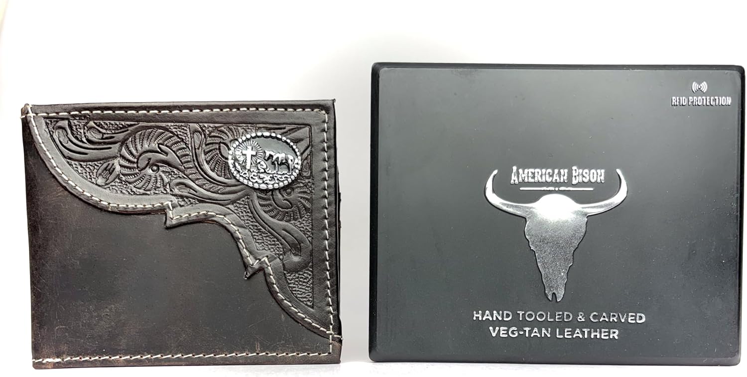 American Bison Tooled Side Bifold Wallet with Conchos–Oil Pull Up Classic Western Craftsmanship & RFID Protection (Kneeling Cowboy, Dark Brown) image 3