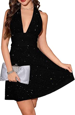 Amazon.com: Sexy Deep V Neck Halter Glitter Bodycon Dress – Sparkling ...