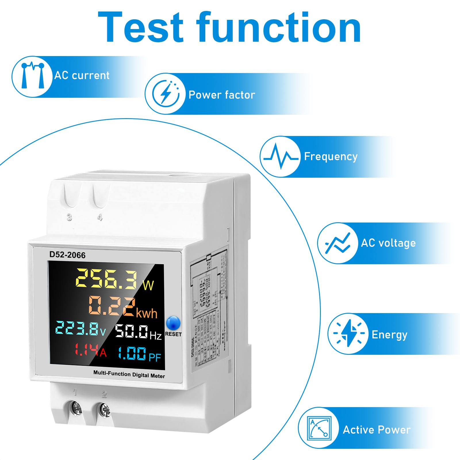 Contatore Energia Elettrica Monofase 100A - Wattmetro Con Display LCD, Per Guida DIN, 6 Funzioni
