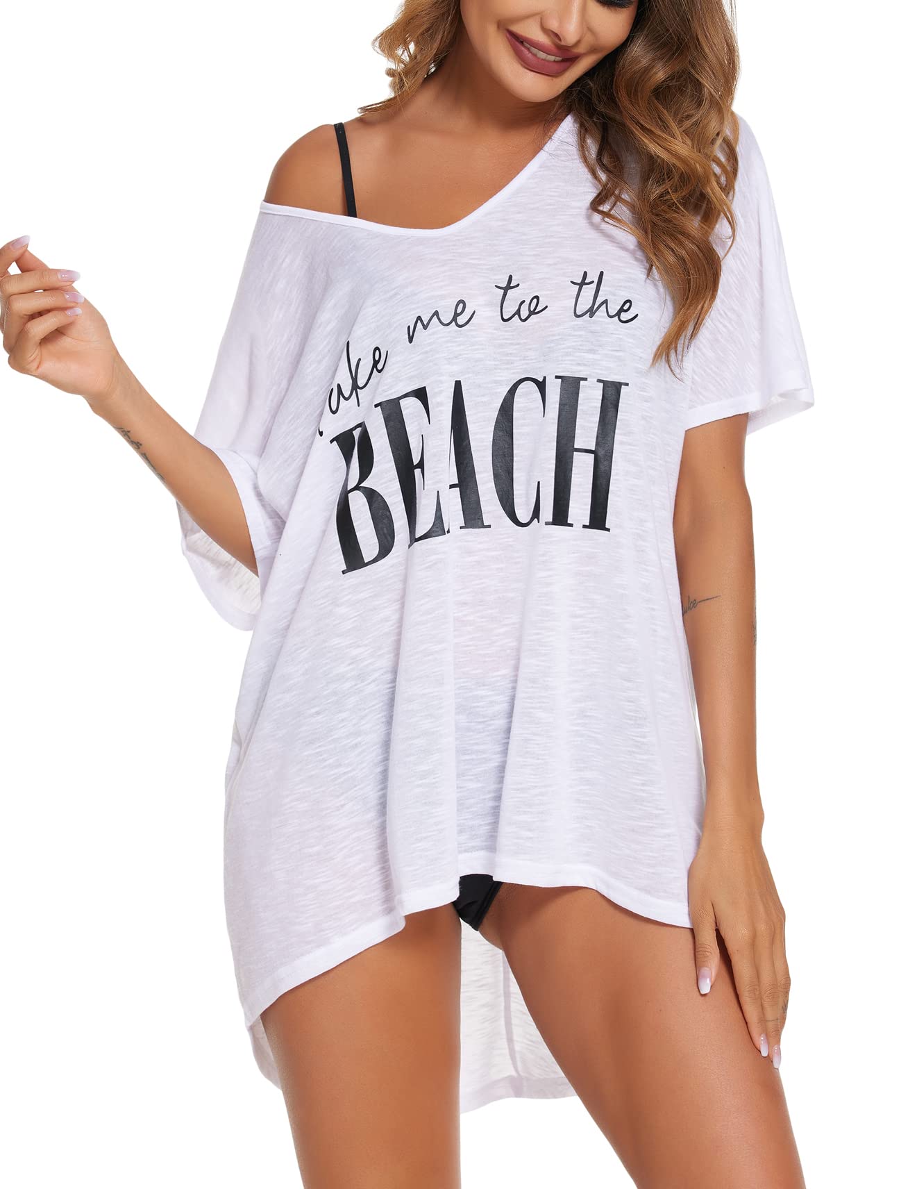 Ekouaer Damen Strandkleid Bikini Cover Up Sommer Strandponcho Bademode V-Ausschnitt Strand Lose Vertuschen Shirt mit Drucken S-XXL