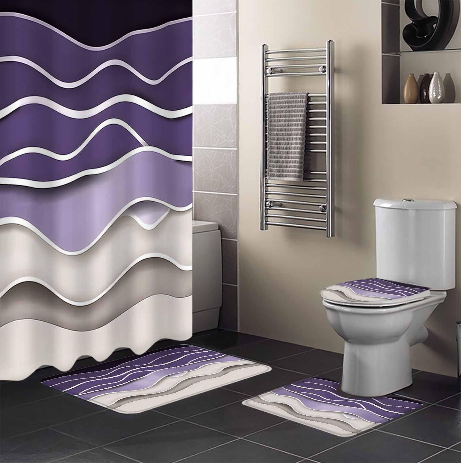 Purple Wave Bathroom Set with Shower Curtain and Rug Accessories - 36x72 Inches Long Coastal Ombre Ocean Grey Stripes Beach Sand Stall Curtain Waterproof with Small Bath Mat,Washable Runner Rug Set