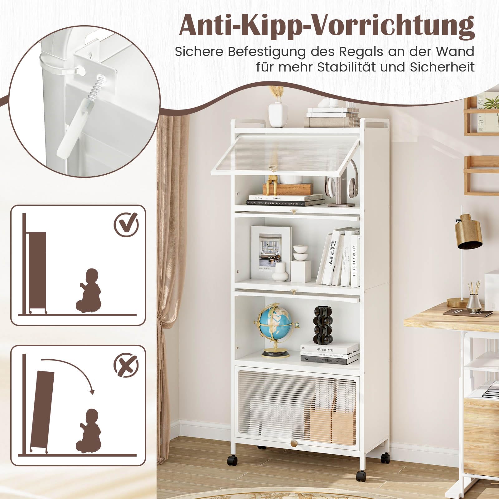 GIANTEX Küchenschrank Vorratsschrank Küche, Küchenregal Stehend auf Rollen, Küchenkommode Küchen Regal 5 Ebenen mit Aufklappbaren PC-Türen, Standregal Hochschrank mit Kippschutz, 60x32x154 cm
