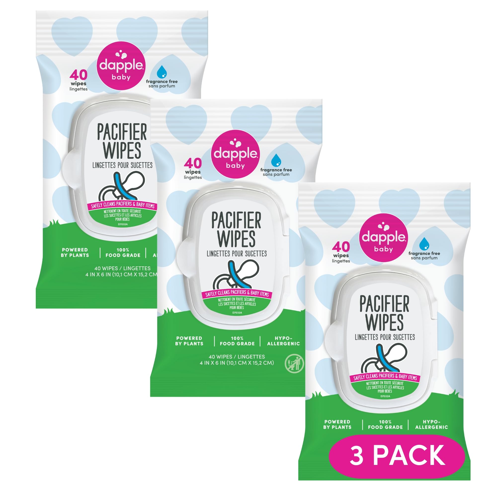 Dapple Pacifier Wipes, for Baby and Toddlers, Diaper Bag Essentials, Fragrance Free 40 Ct, Pack of 3
