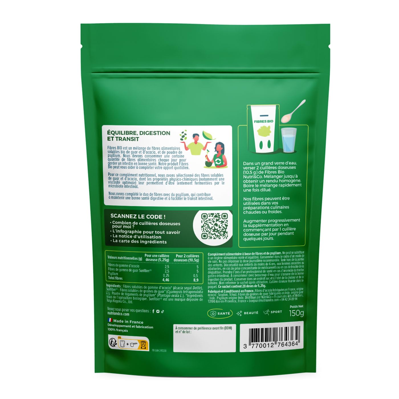 NUTRI & CO Fibres BIO Laxatif 100% Naturel 150 g Poudre Végétale Fabriqué en France