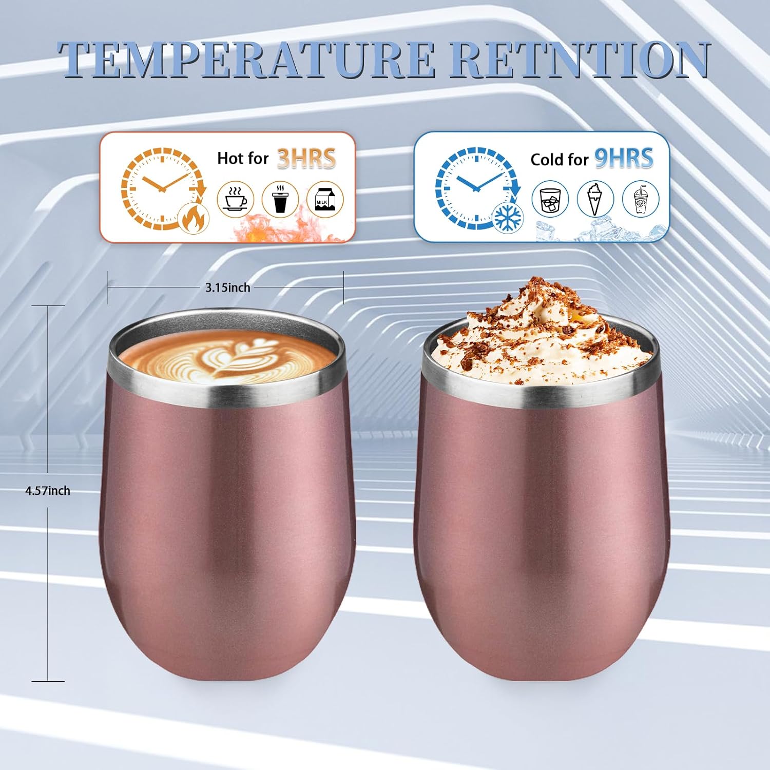 12oz/4 Pack Wine Tumbler with lid, Stainless Steel Travel Mugs Stemless Double Wall Insulated Coffee Cup, Insulated Wine Glasses Travel Tumbler for Cold & Hot Drinks(Rose Gold,4)