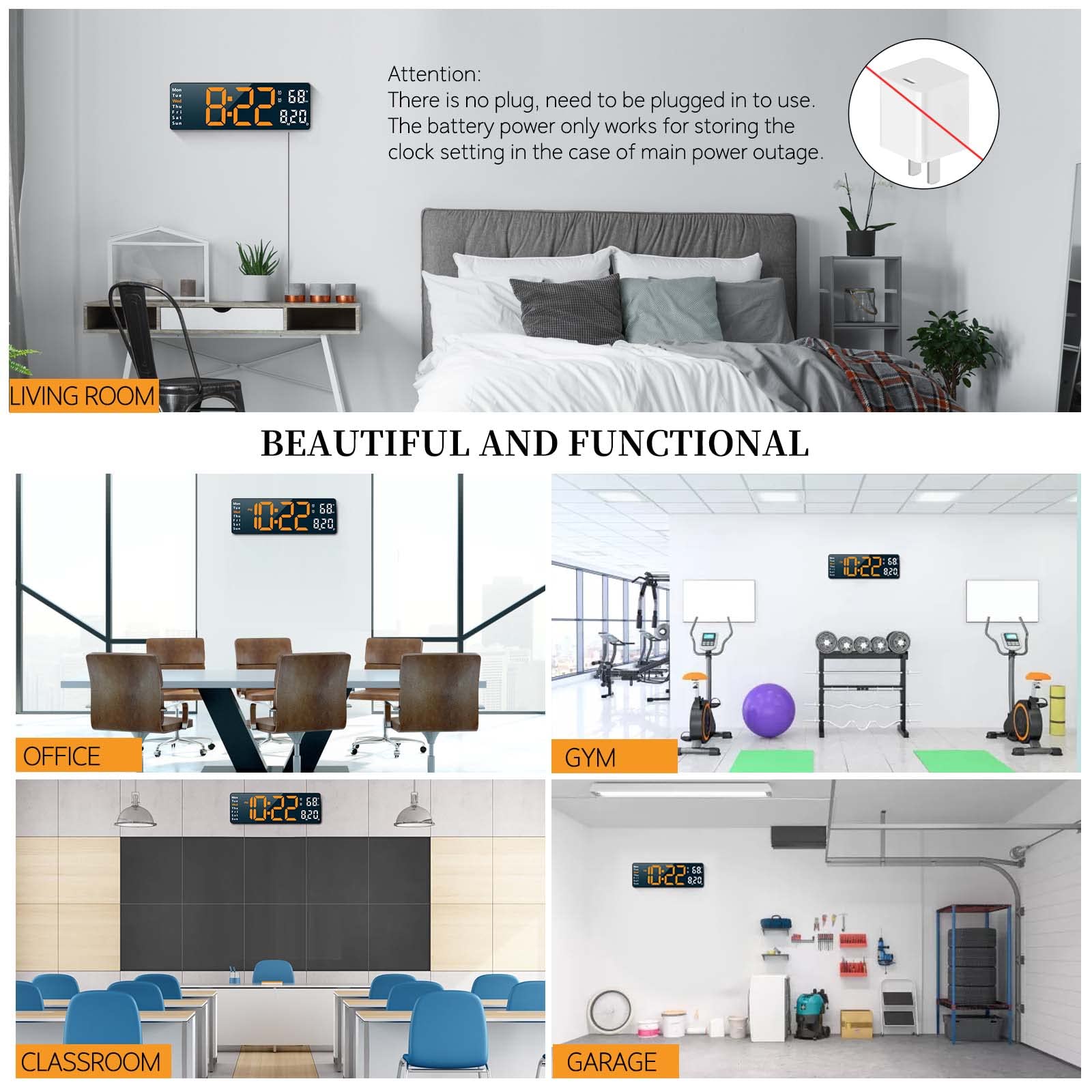 Horloge murale numérique pour décoration de salon, bureau pour chambre à coucher, grande horloge murale avec télécommande, horloge LED à intensité variable automatique avec date, température et