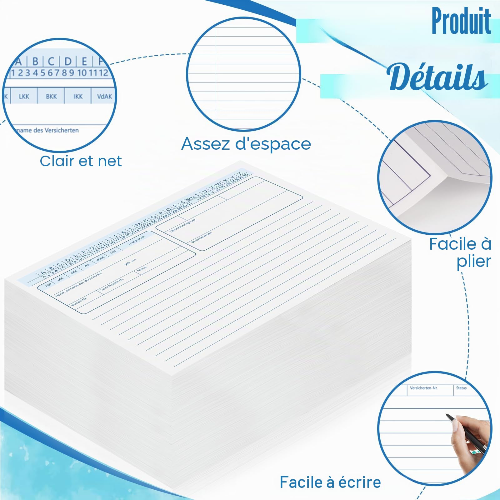 Lot de 100 cartes pliées pour patients - Format A5 - Pour médecin, thérapie, hôpital, physiothérapie, gymnastique, bleu