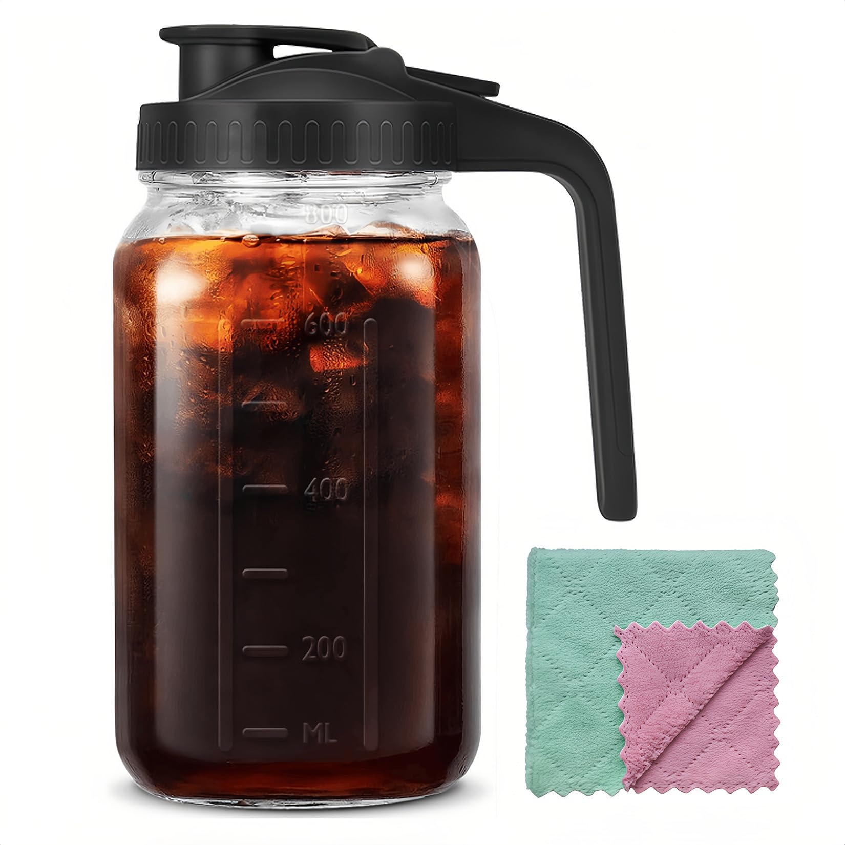 32oz Glass Pitcher Carafes With Handle and Lid, 1 Quart Mason Jar, Large Water Jug, Glass Containers for Fridge, Water Pitcher for Juice, Iced & Sun