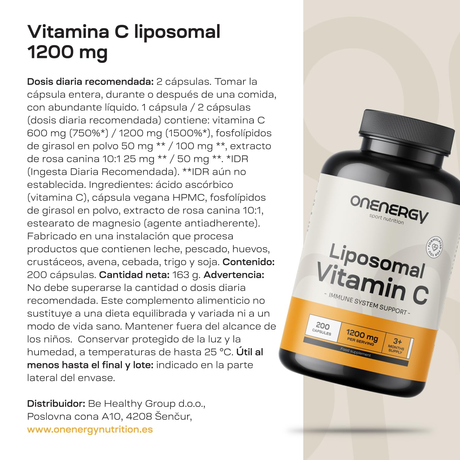 Vitamina C Liposomal 1200 mg - 200 Cápsulas | Extracto de Fosfolípidos de Rosa Canina y Girasol, Refuerzo del Sistema Inmunológico, Acción Antioxidante, Aumento de Energía
