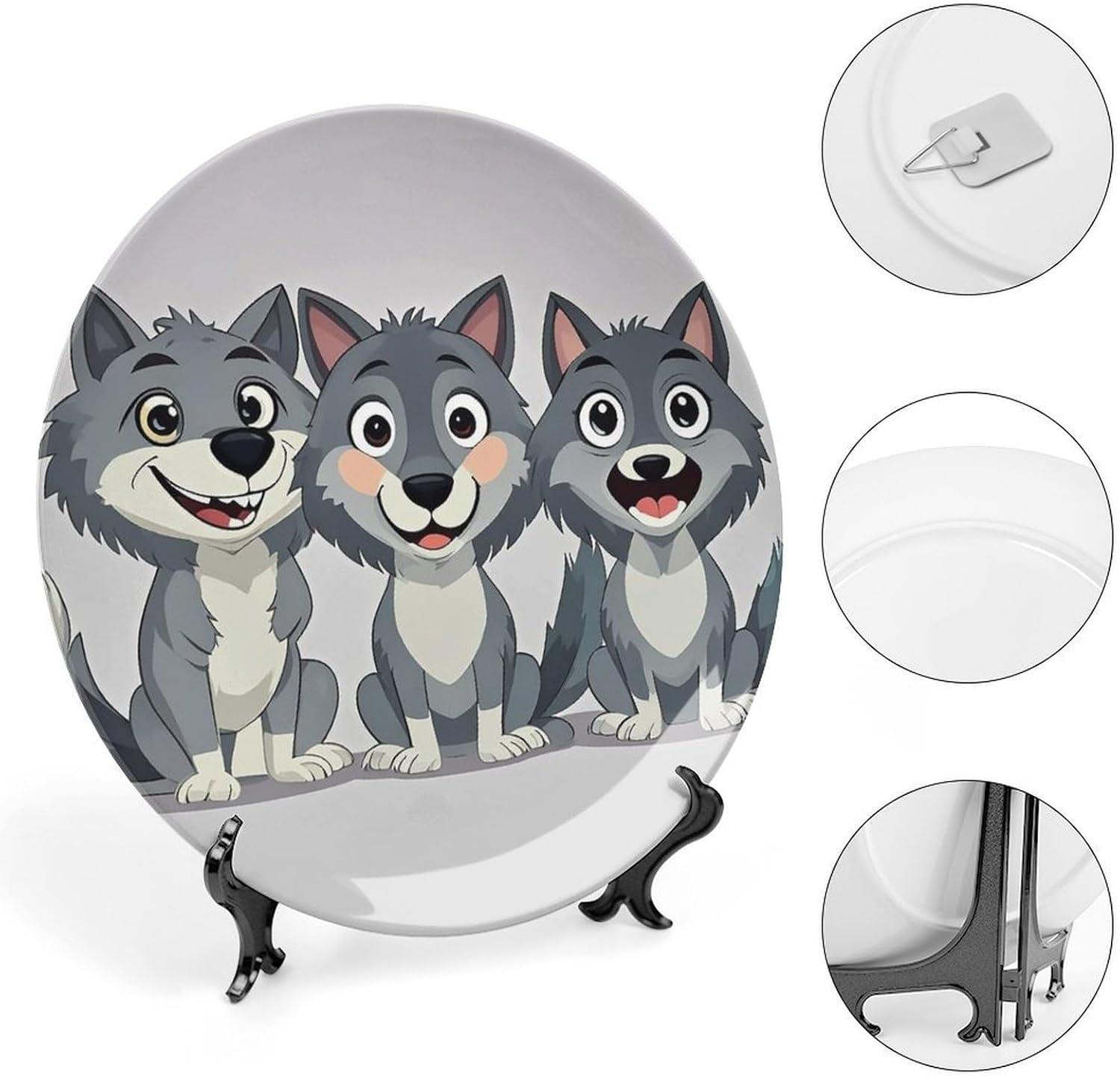 Wolfs Decorative Ceramic Plate Round Porcelain Plate Decor Personalized Bone China Decorative Plates Ceramic Ornaments Dessert Plates with Display Stand 8inch