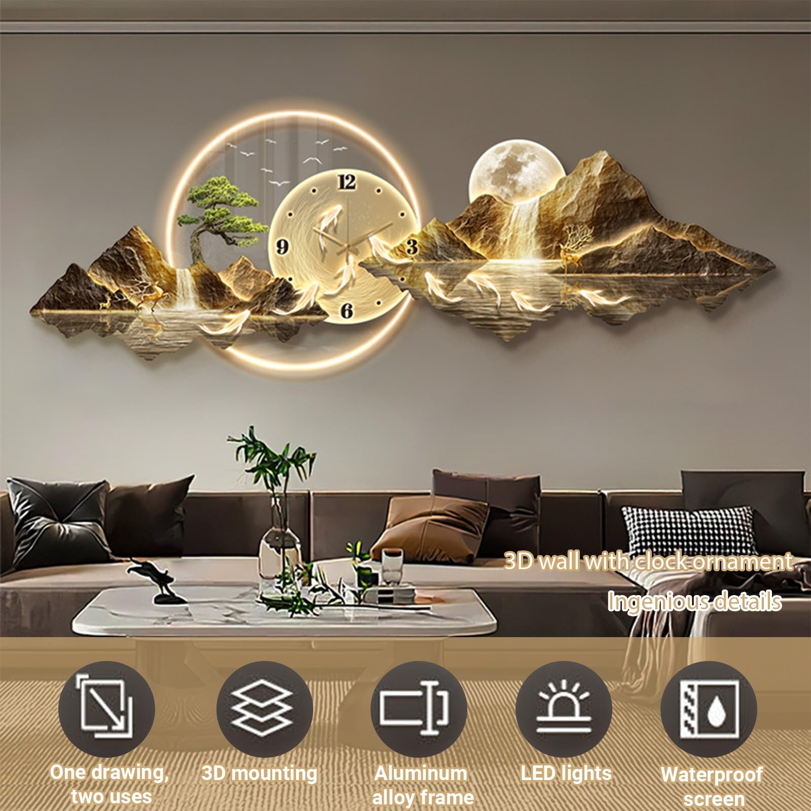 Decorazione da Parete Moderna in 3D Scultura da Parete A LED 3D Dipinti Murali Cinesi per Camera da Letto Soggiorno Ufficio(Style C,35 * 100cm/13 * 39in)