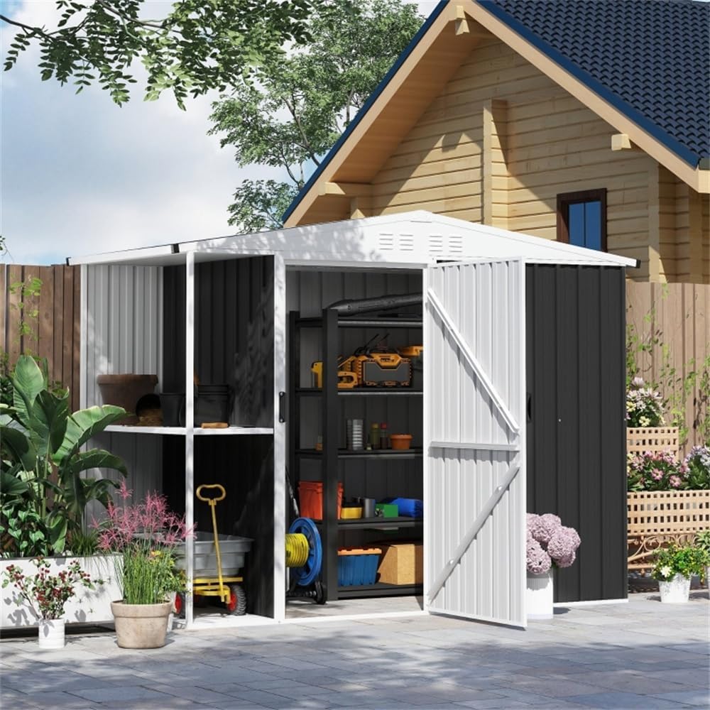 Heavy-Duty Galvanized Steel Garden Storage Shed with Lockable Door and Sloped UV-Resistant Roof for Outdoor Tool Organization