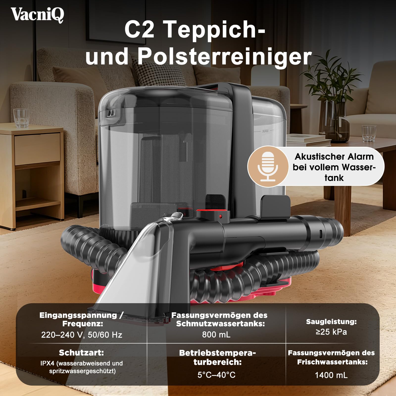 C2 Teppichreiniger, 25 kPa, 1.400-Milliliter-Frischwassertank und 800-Milliliter-Schmutzwassertank, Selbstreinigungsfunktion, geeignet für Sofas, Matratzen, Vorhänge und Hartböden