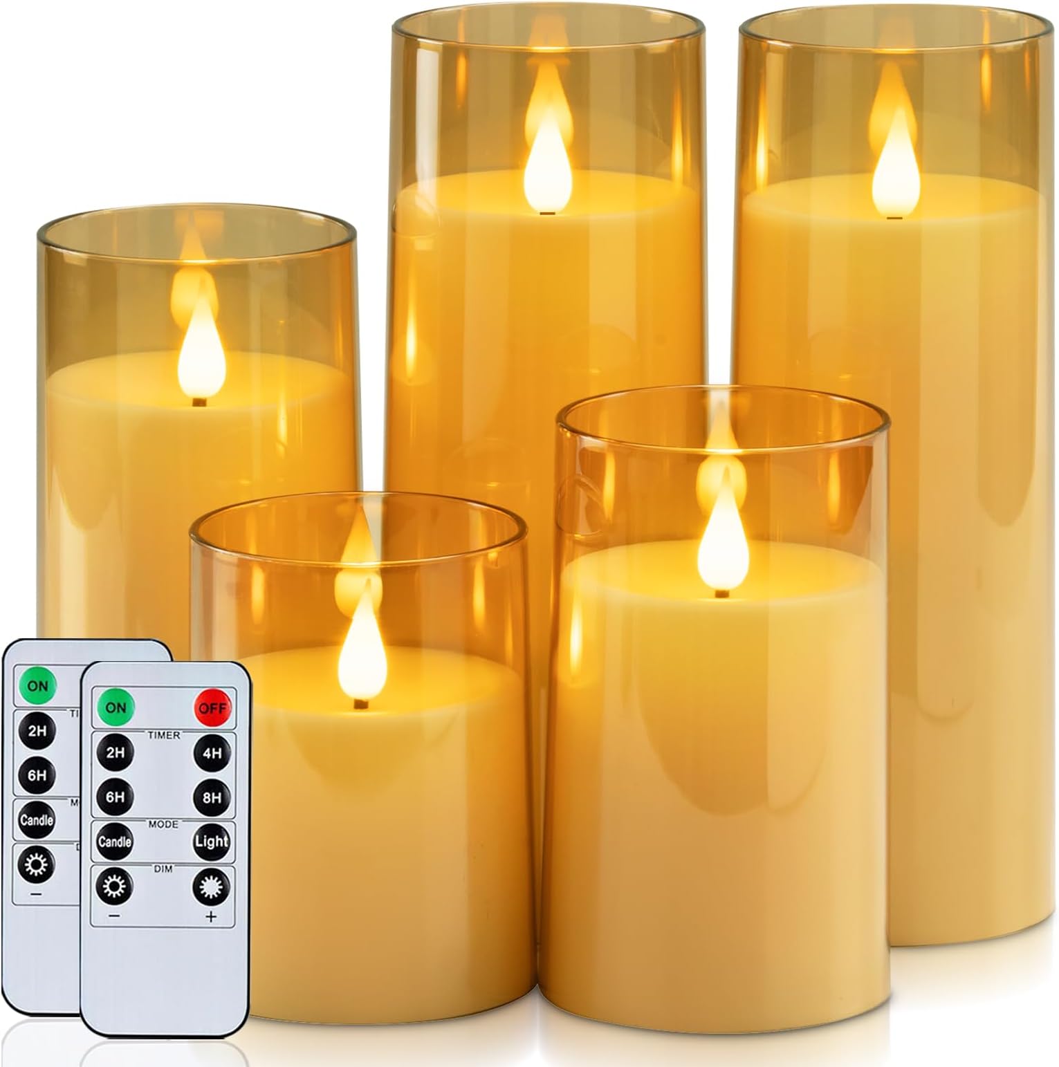 Homemory Amber Flickering Flameless Candles, Battery Operated Acrylic LED Pillar Candles with Remote Control and Timer, Fall Candles, Set of 5