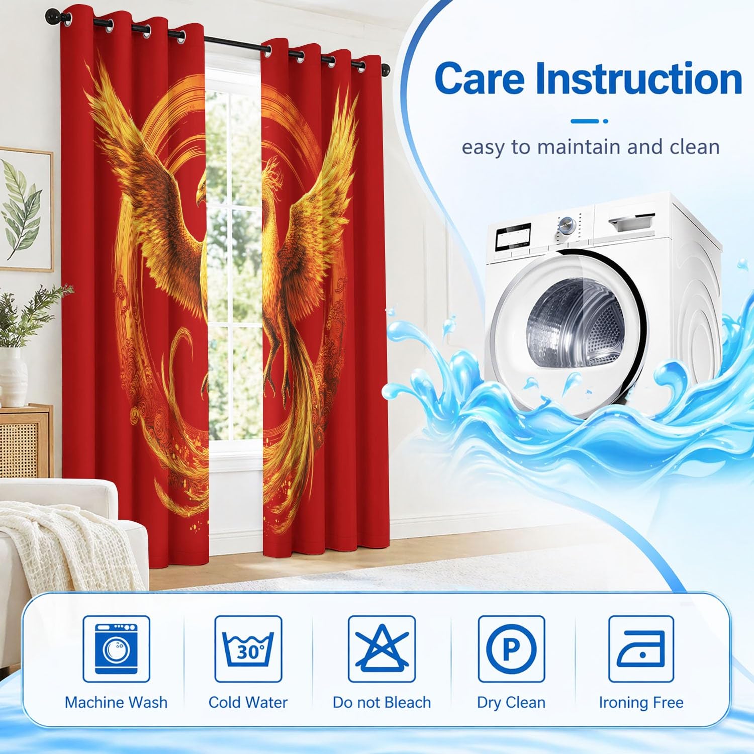 Générique Rideau Occultant Classique Festif Lot de 2 L 140 x H 220 cm Phénix Doré Nuages Cercle Rideaux Imprimés en Polyester à Oeillets Isolant Thermique Anti Froid pour Salon et Chambre d'enfant