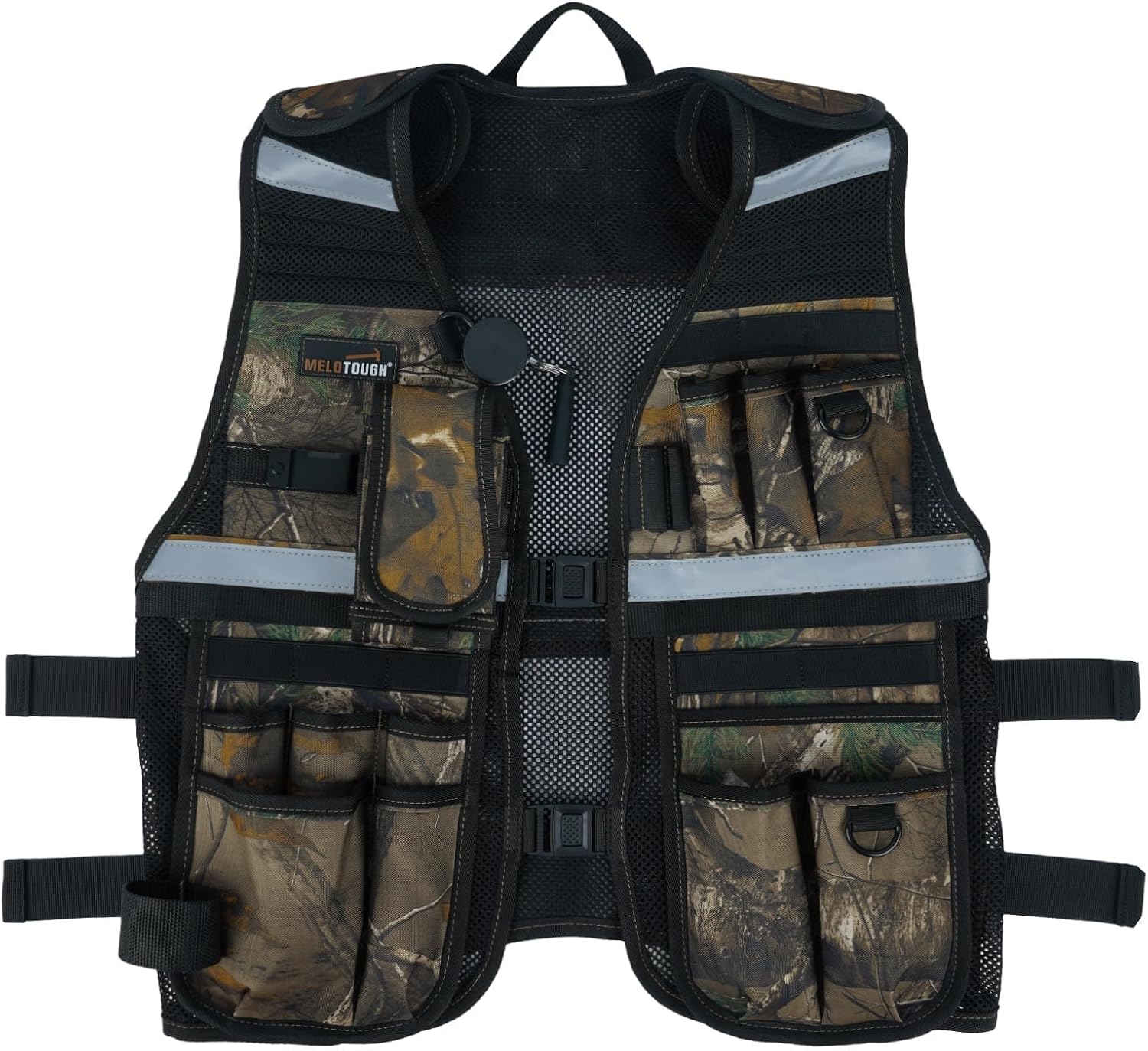 MELOTOUGH Tool Vest for Men Reflective Safety Tool Vest with Adjustable Straps,Removable Phone Holder for Electrical,Carpenters,Construction(Camo)