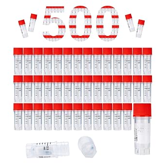 0.5ml Cryovials, 500Pcs Cryotubes with Side Barcode, Sterilisation Vials with External Thread, Sample Tubes with Red Caps, Lab Tubes for Sample Storage from -196C to 121C