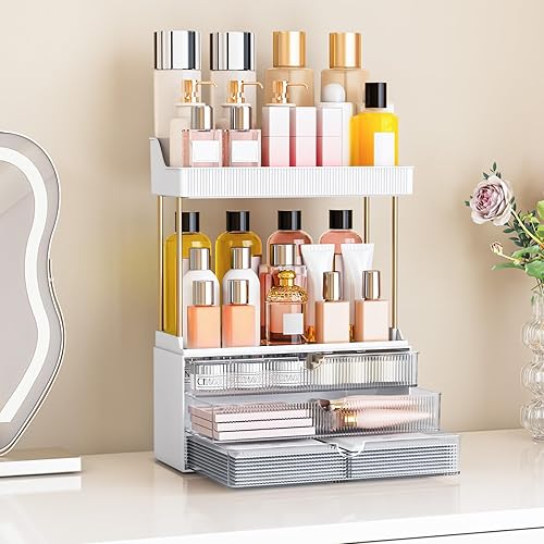 Miniatura 3 de Organizador de encimera de baño de 5 niveles, organizador de maquillaje de 3 cajones, cajón de almacenamiento de cosméticos para tocador y tocador
