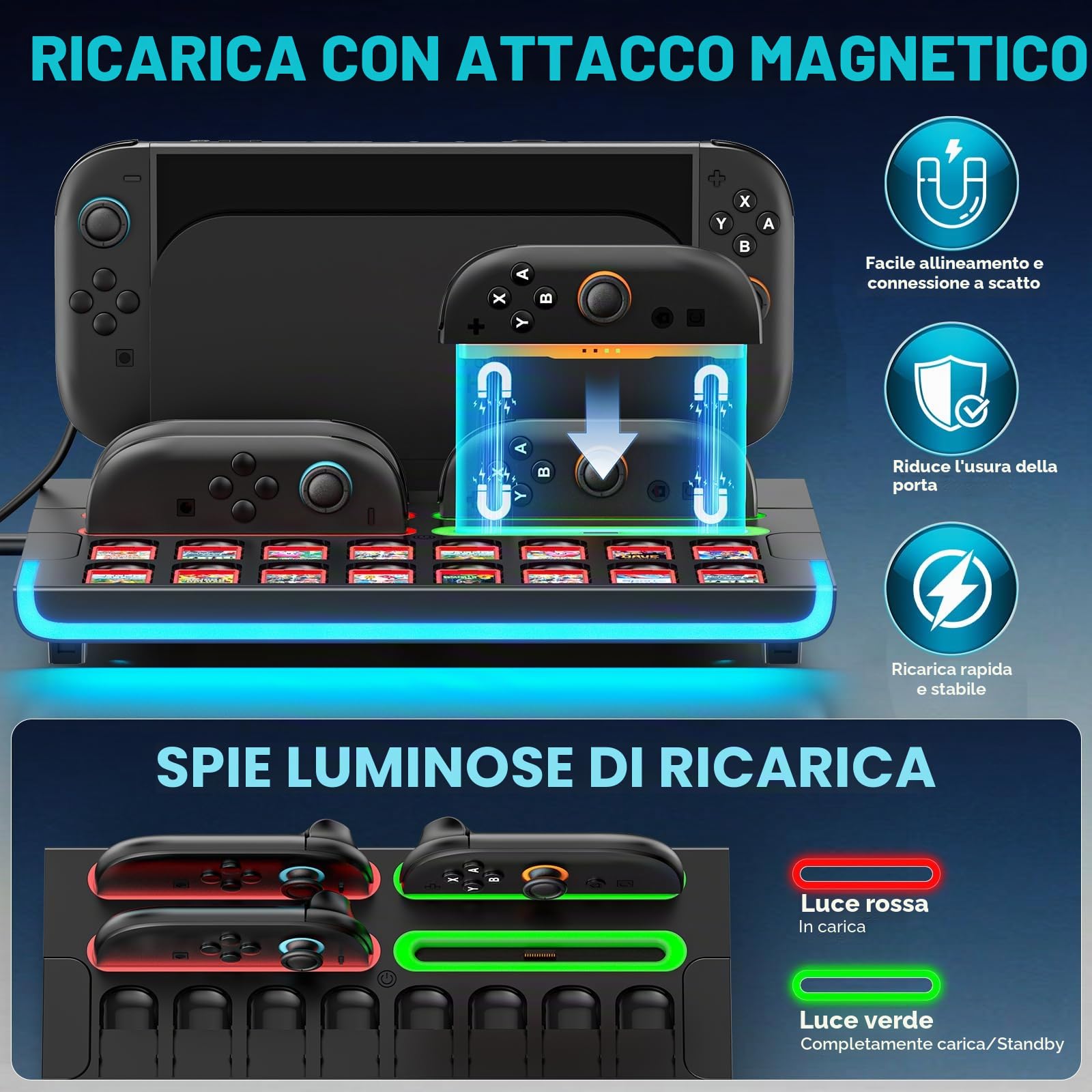Base di Organizzazione per Switch 2 Controller e Console, Dock di Ricarica Magnetica Joy-con 2 con 9 Modalità RGB, Dock di Archiviazione Nintendo Switch 2 con 16 Slot per Schede di Gioco