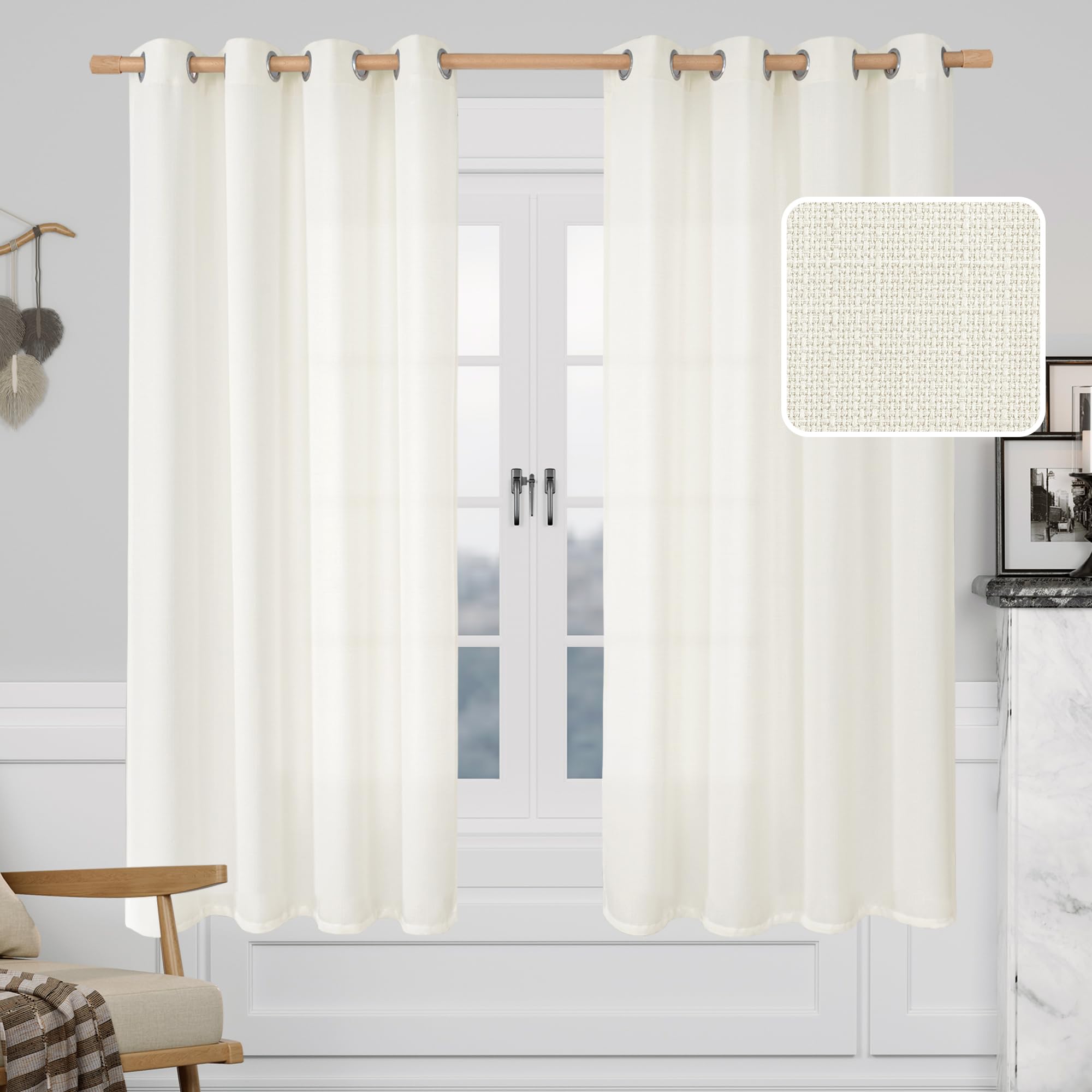 LAMIT Light Filtering Linen Curtains 63 Inch Length 2 Panels for Bedroom