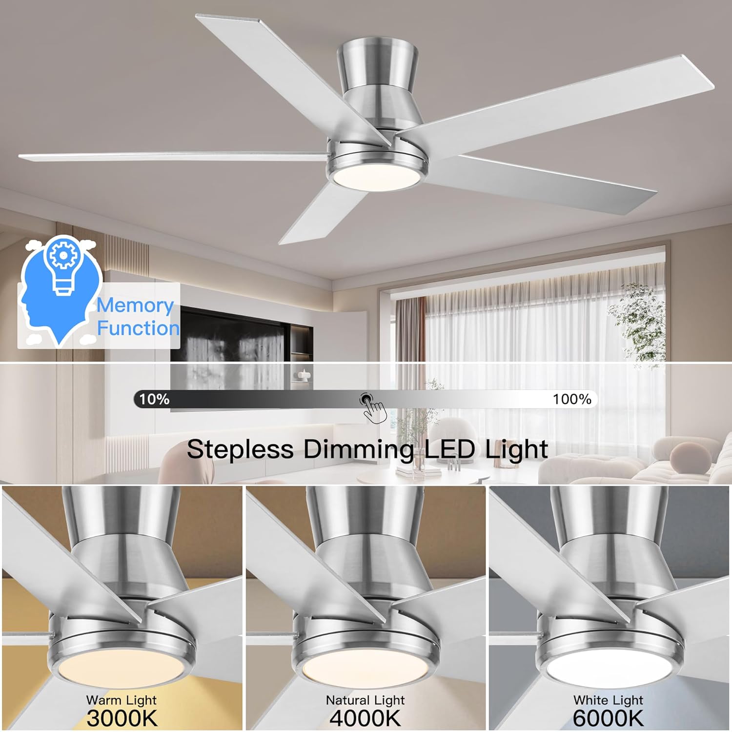 52" Brushed Nickel Low Profile Ceiling Fan with Light, Reversible Blades, 3 Modes, Bedroom, All-Season Use, Low Noise