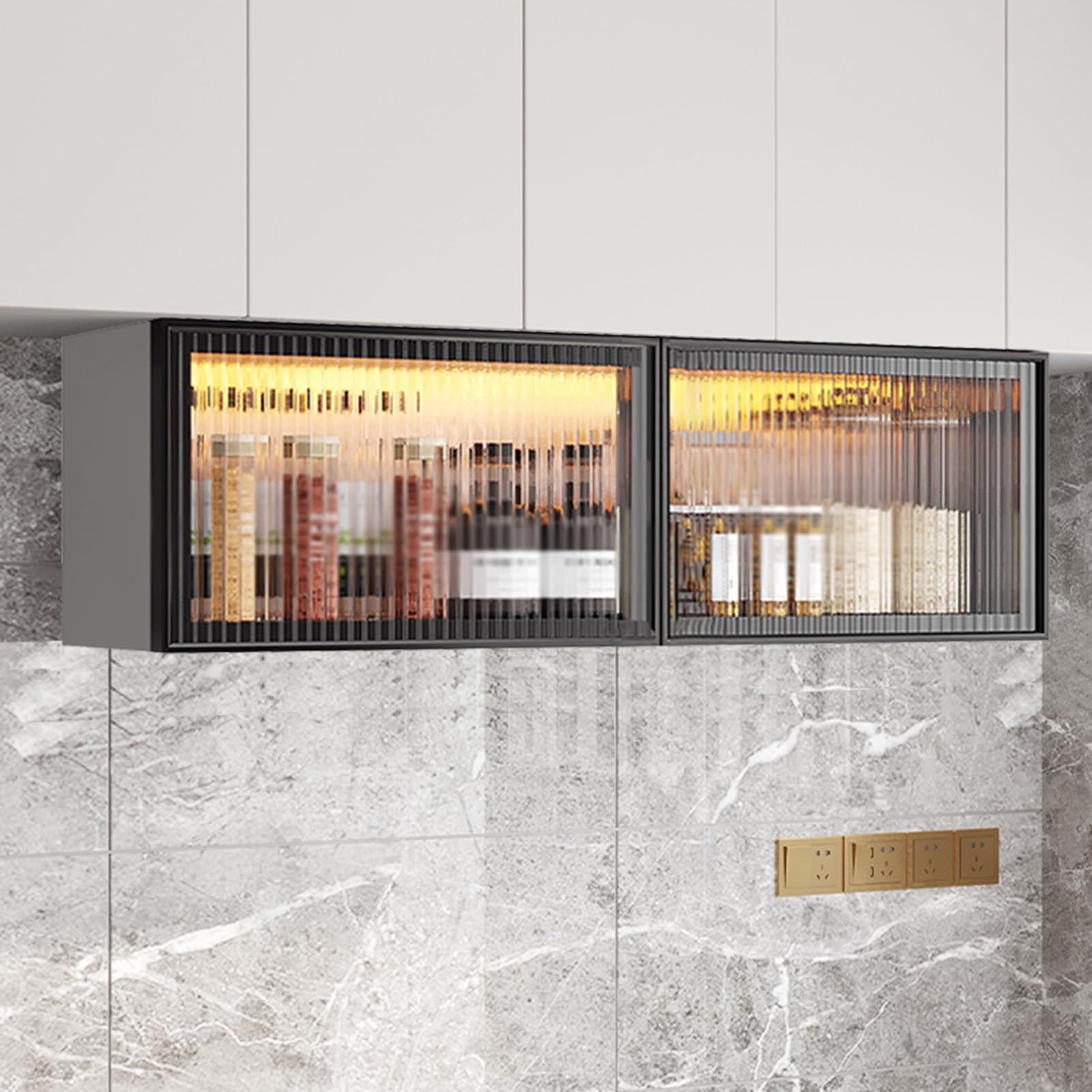 Vitrine murale de cuisine, garde-manger élégant gris/blanc avec portes, suspension sans perçage pour salle à manger, 120 x 32 x 19 cm, design moderne noir/B, solution gain de place