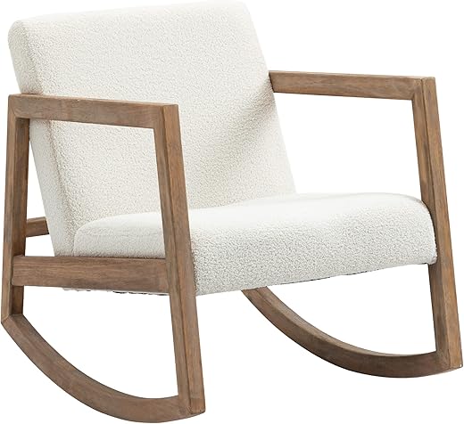 HOMCOM Schaukelstuhl mit Holzrahmen gepolstert Relax Stuhl Sessel Stuhl Wohnzimmersessel Lounge mit gepolsterter Sitzfläche Kautschukholz Cremeweiß 60 x 81 x 71 cm