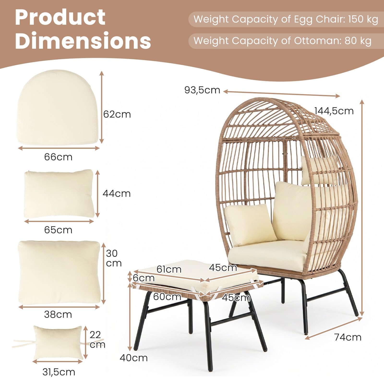 GIANTEX Poltrona a Uovo in Rattan PE con Pouf e Cuscini