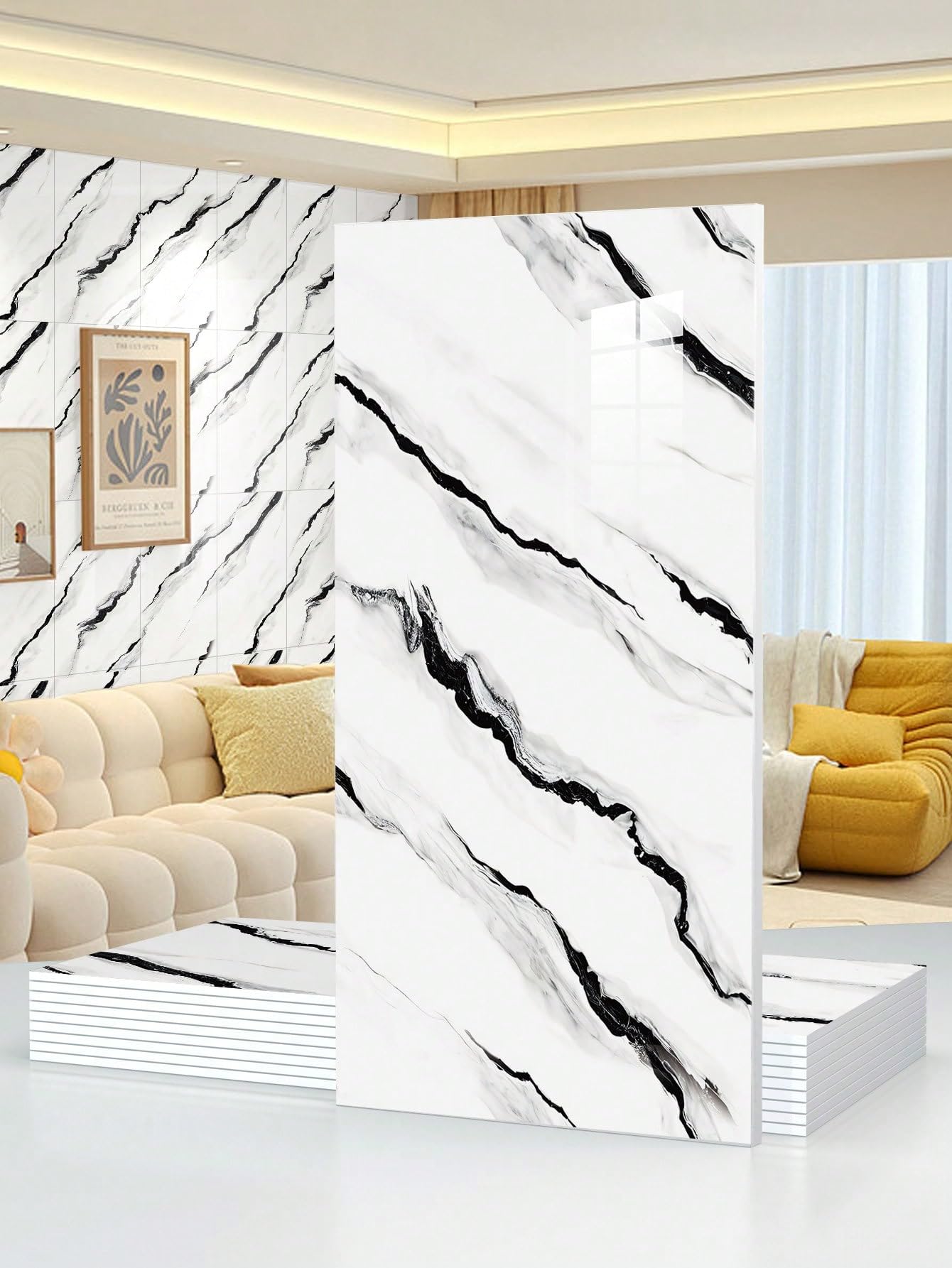 10pcs 23.6"x11.8" Marble Peel and Stick Waterproof Wall Panels (19.4 Sq. Ft. Coverage) - Heat-Resistant Backsplash Tile, PVC Wall Panels for Kitchen, Bathrooms, Living Rooms, Bedrooms,Black and White